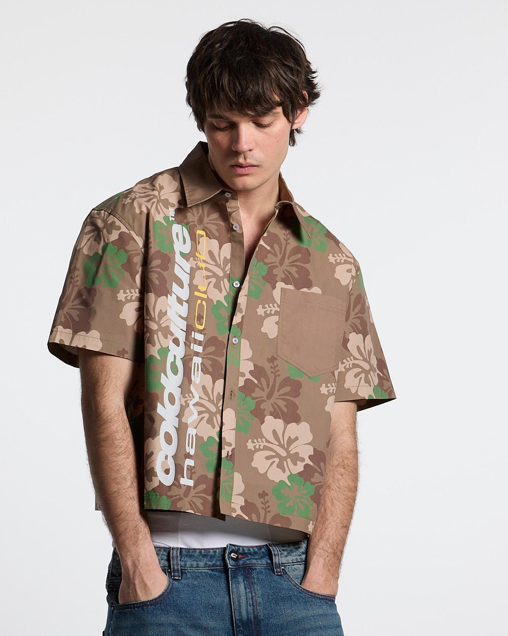HAWAII CLUB SHIRT GREEN - green camo short sleeve shirt, front view on male model - Cold Culture #man