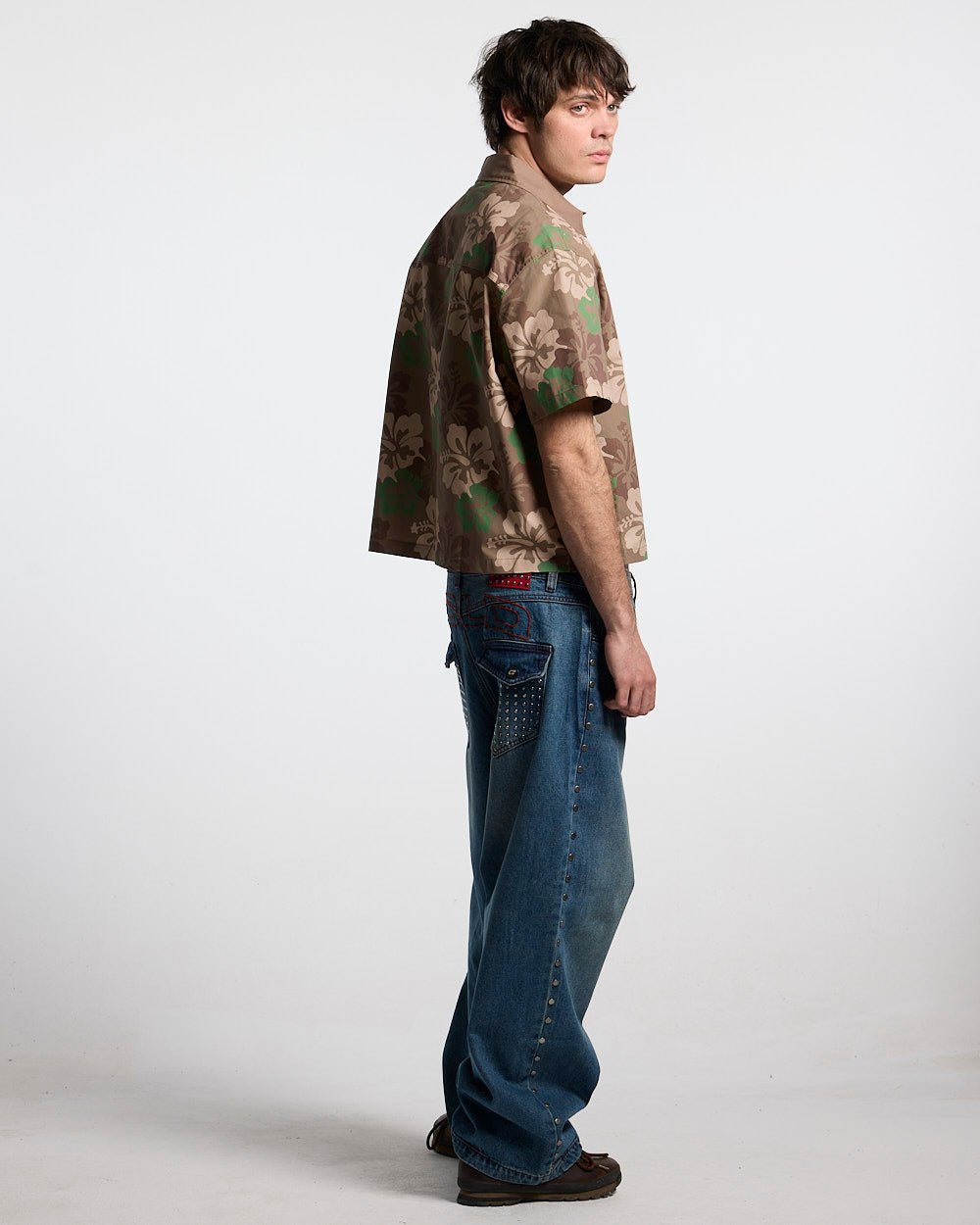 HAWAII CLUB SHIRT GREEN - green camo short sleeve shirt, back view on male model - Cold Culture #man
