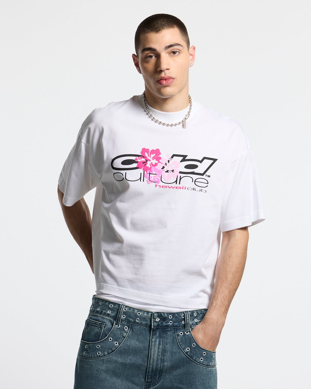 HAWAII CLUB TEE WHITE - white graphic print tee, front view on male model - Cold Culture #man