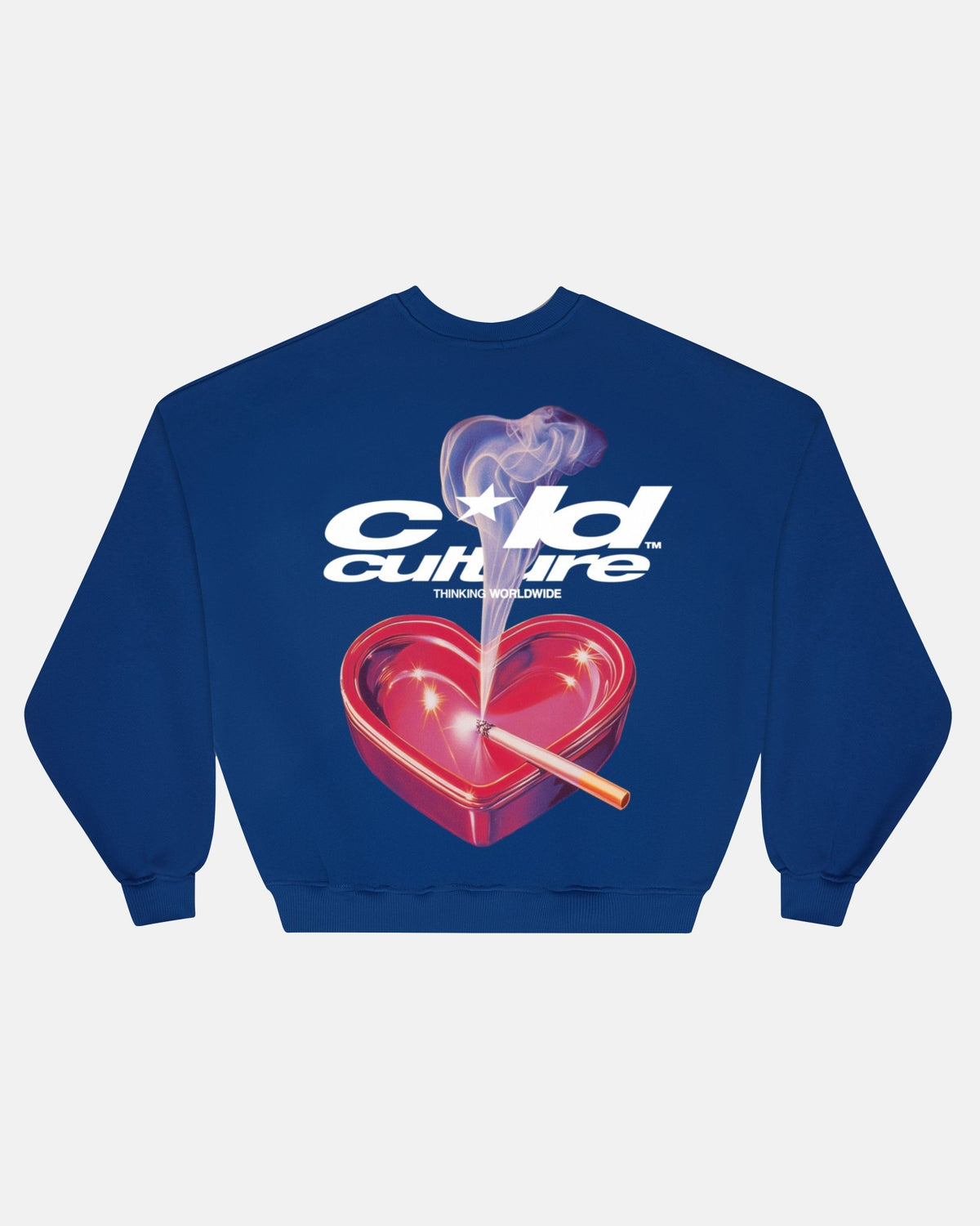 HEART ASHTRAY CREWNECK DARK BLUE - dark blue graphic print crewneck sweatshirt, back view - Cold Culture #packshot