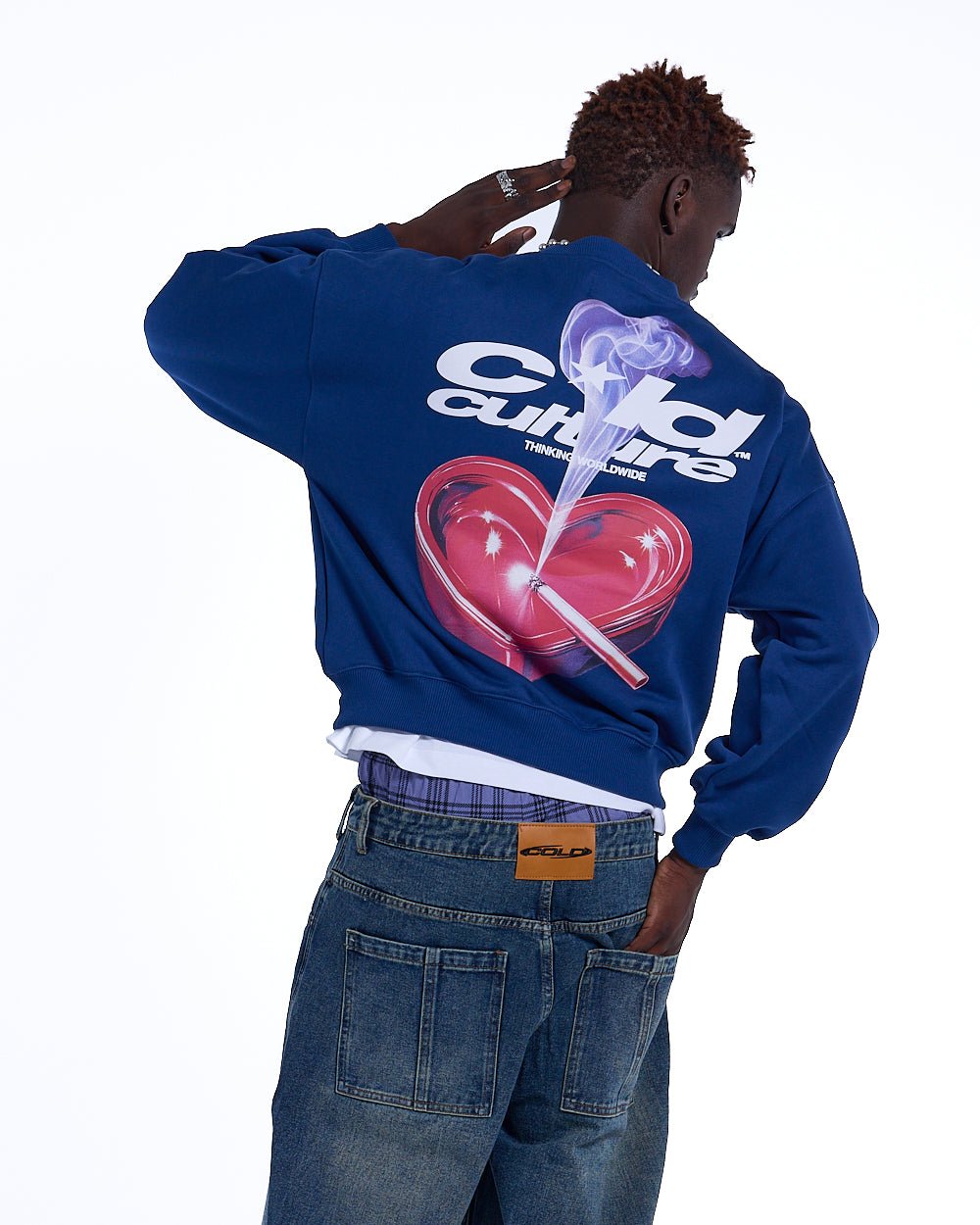 HEART ASHTRAY CREWNECK DARK BLUE - dark blue graphic print crewneck sweatshirt, back view on male model - Cold Culture #man