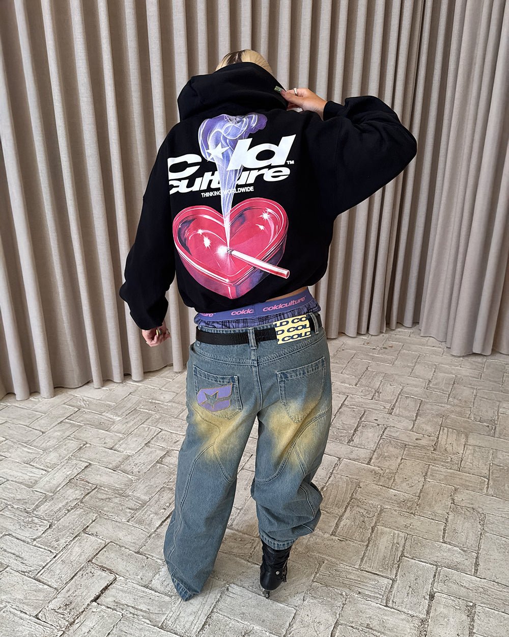 HEART ASHTRAY HOODIE BLACK - black graphic print hoodie, street style shot - Cold Culture