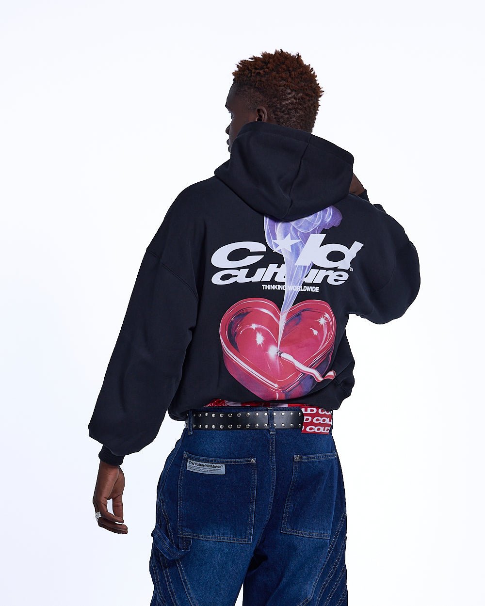 HEART ASHTRAY HOODIE BLACK - black graphic print hoodie, back view on male model - Cold Culture #man