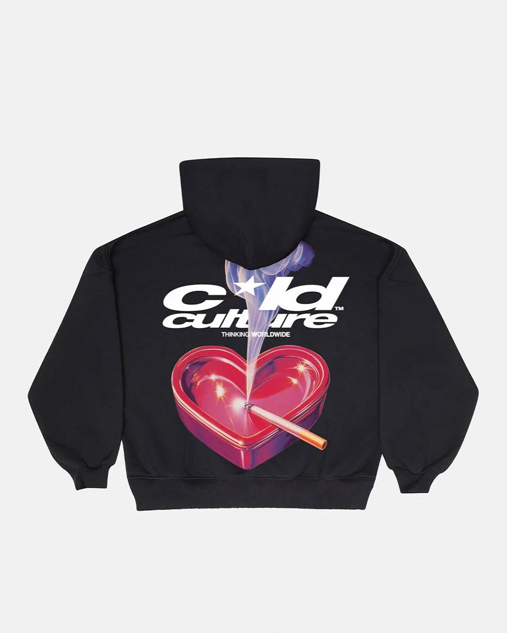 HEART ASHTRAY HOODIE BLACK - black graphic print hoodie, back view - Cold Culture #packshot