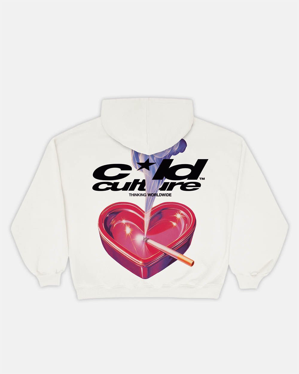 HEART ASHTRAY HOODIE GREY - cream graphic print hoodie, back view - Cold Culture #packshot