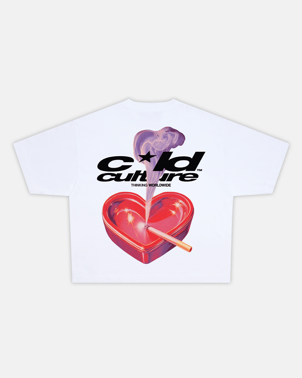 HEART ASHTRAY TEE WHITE - white graphic print tee, back view - Cold Culture #packshot