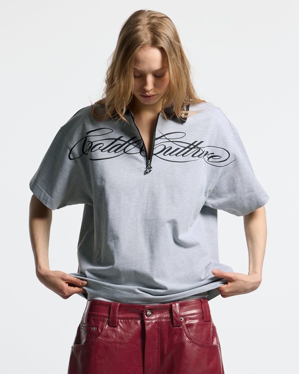 HEAT GYM POLO GREY - grey zip polo shirt, front view on female model - Cold Culture #woman