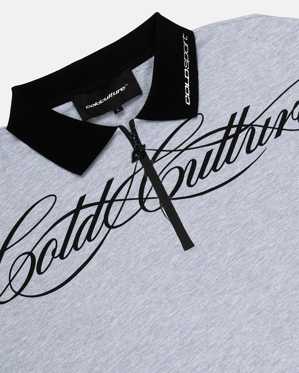 HEAT GYM POLO GREY - grey zip polo shirt, detail close-up - Cold Culture