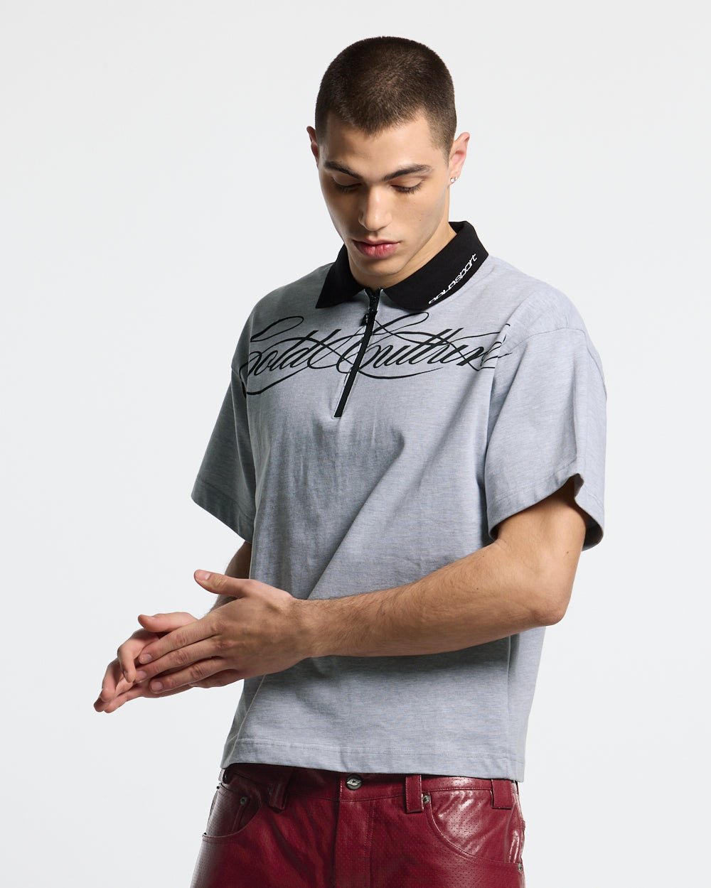 HEAT GYM POLO GREY - grey zip polo shirt, front view on male model - Cold Culture #man
