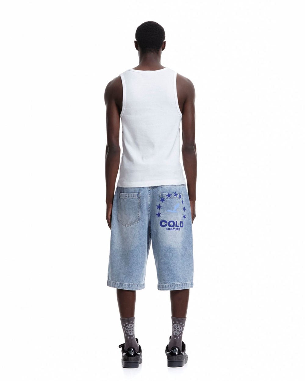 HEIGHTS V2 SHORTS LIGHT WASHED DENIM - light washed denim shorts, back view on male model - Cold Culture #man