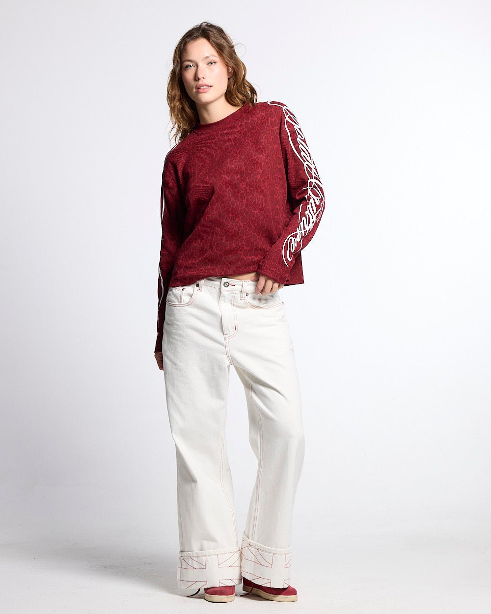 HIDDEN CHEETAH LONGSLEEVE BURGUNDY - burgundy leopard print longsleeve tee, front view on female model - Cold Culture #woman