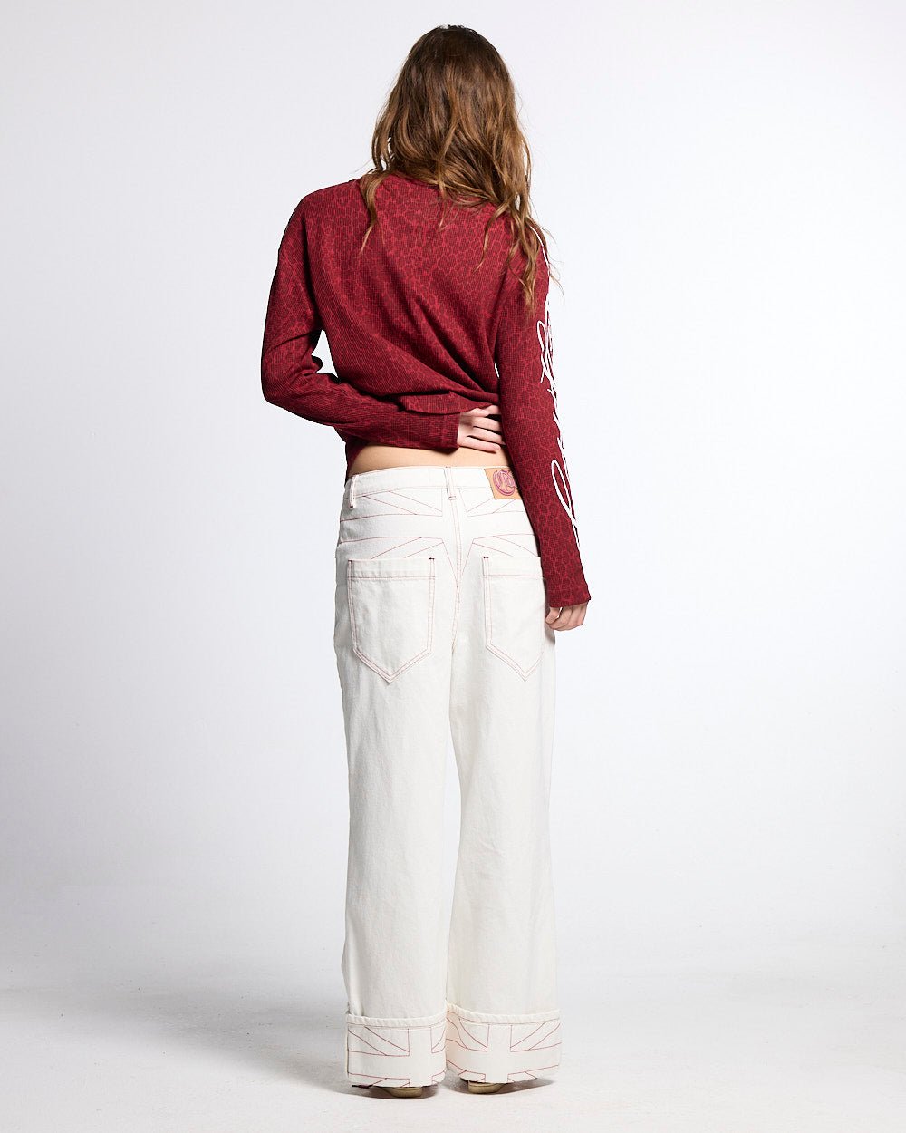 HIDDEN CHEETAH LONGSLEEVE BURGUNDY - burgundy leopard print longsleeve tee, back view on female model - Cold Culture #woman