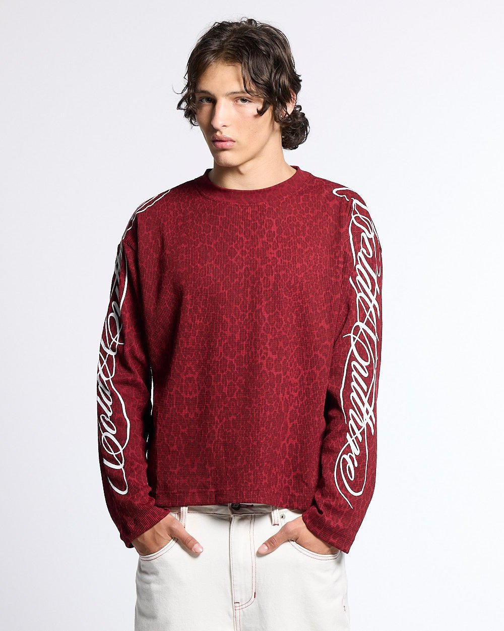 HIDDEN CHEETAH LONGSLEEVE BURGUNDY - burgundy leopard print longsleeve tee, front view on male model - Cold Culture #man