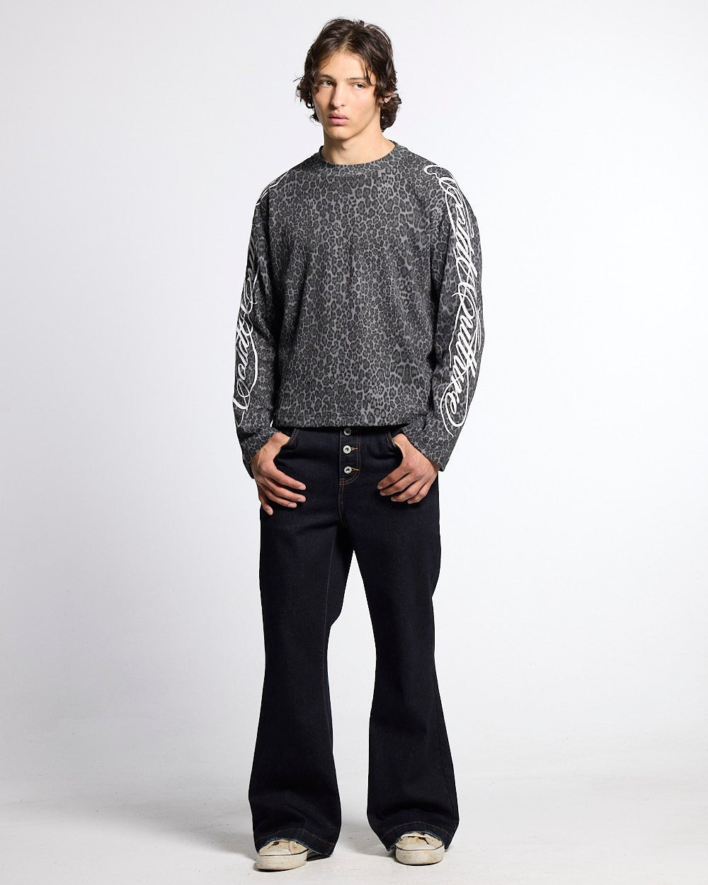HIDDEN CHEETAH LONGSLEEVE DARK GREY - dark grey leopard print longsleeve tee, front view on male model - Cold Culture #man