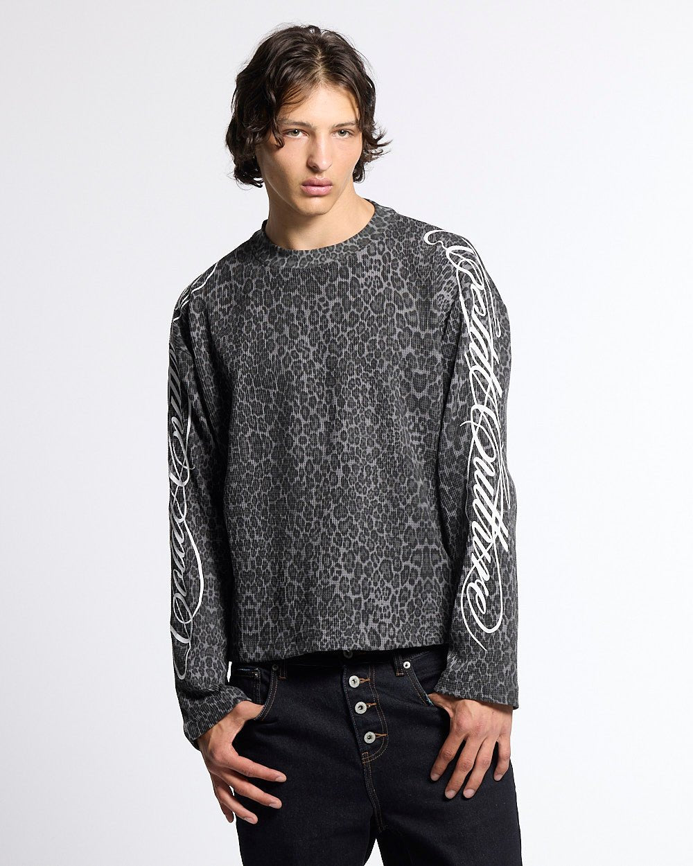 HIDDEN CHEETAH LONGSLEEVE DARK GREY - dark grey leopard print longsleeve tee, front view on male model - Cold Culture #man