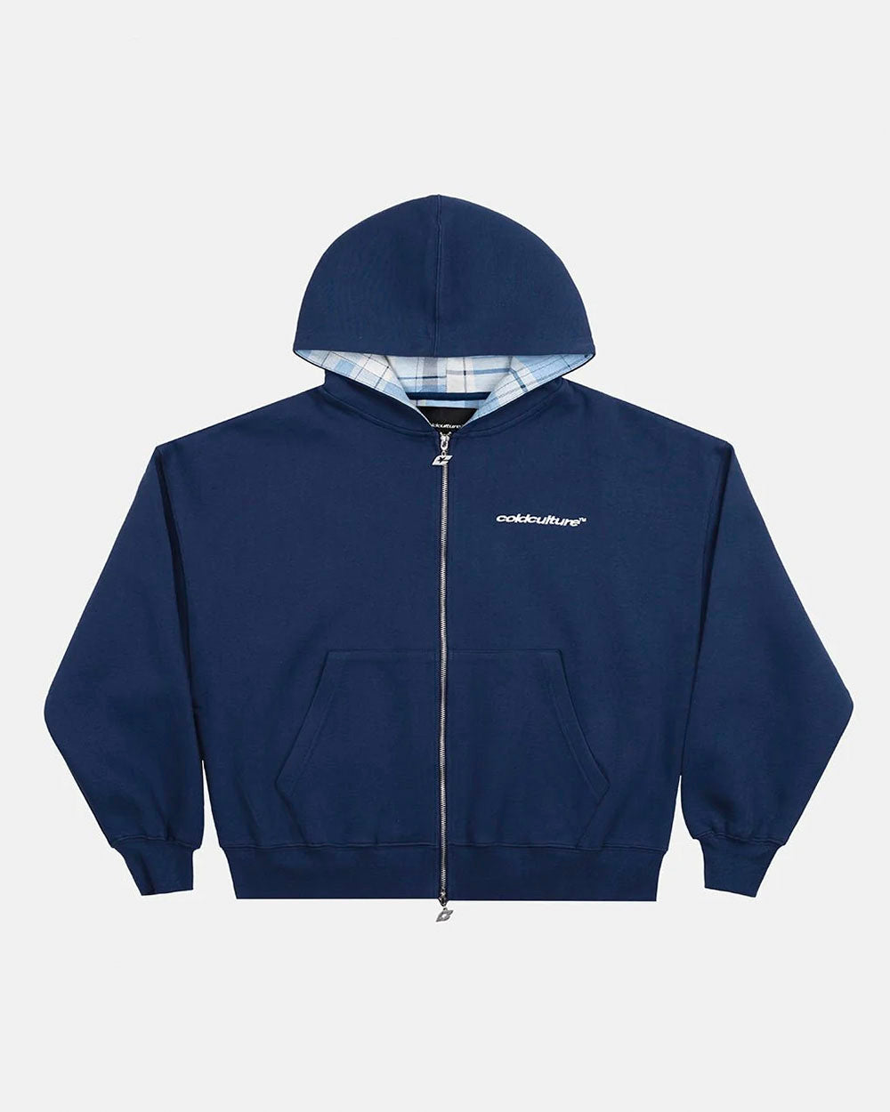 HIDE AND SEEK ZIP HOODIE NAVY - navy zip-up hoodie, front view - Cold Culture #packshot