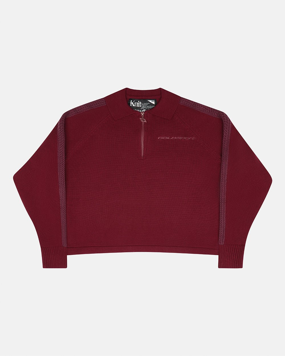 HIGHWAY QUARTER ZIP KNIT BURGUNDY - burgundy quarter-zip knit sweater, front view - Cold Culture #packshot