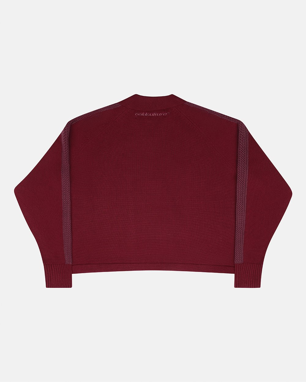 HIGHWAY QUARTER ZIP KNIT BURGUNDY - burgundy quarter-zip knit sweater, back view - Cold Culture #packshot