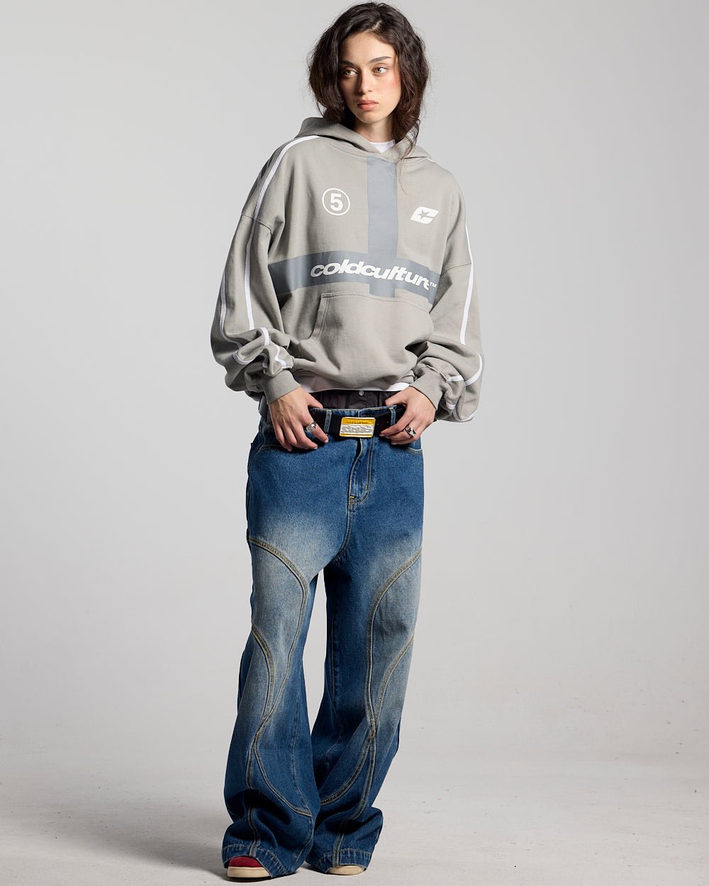 HIT THE TARGET HOODIE GREY - grey graphic print hoodie, front view on female model - Cold Culture #woman