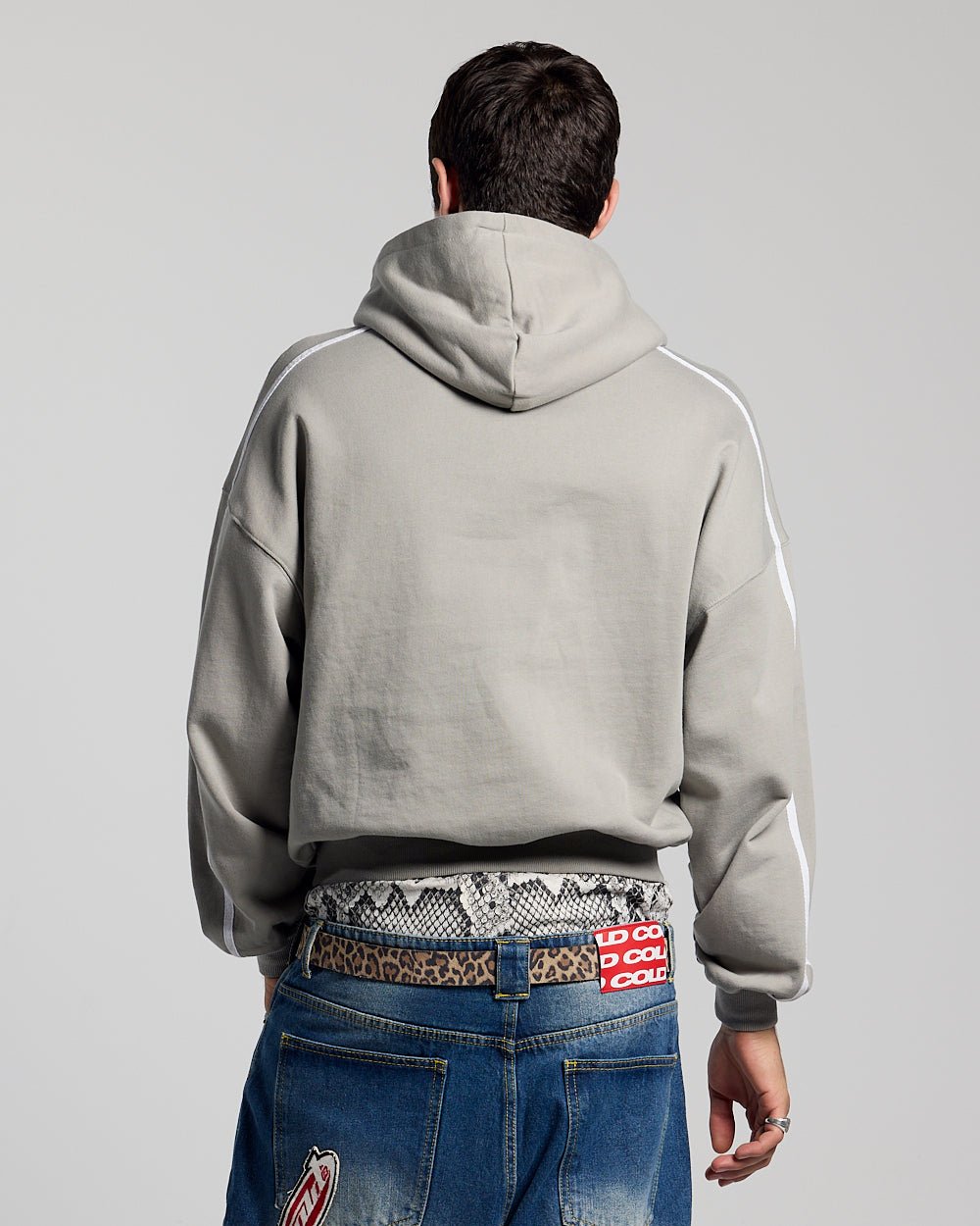 HIT THE TARGET HOODIE GREY - grey graphic print hoodie, back view on male model - Cold Culture