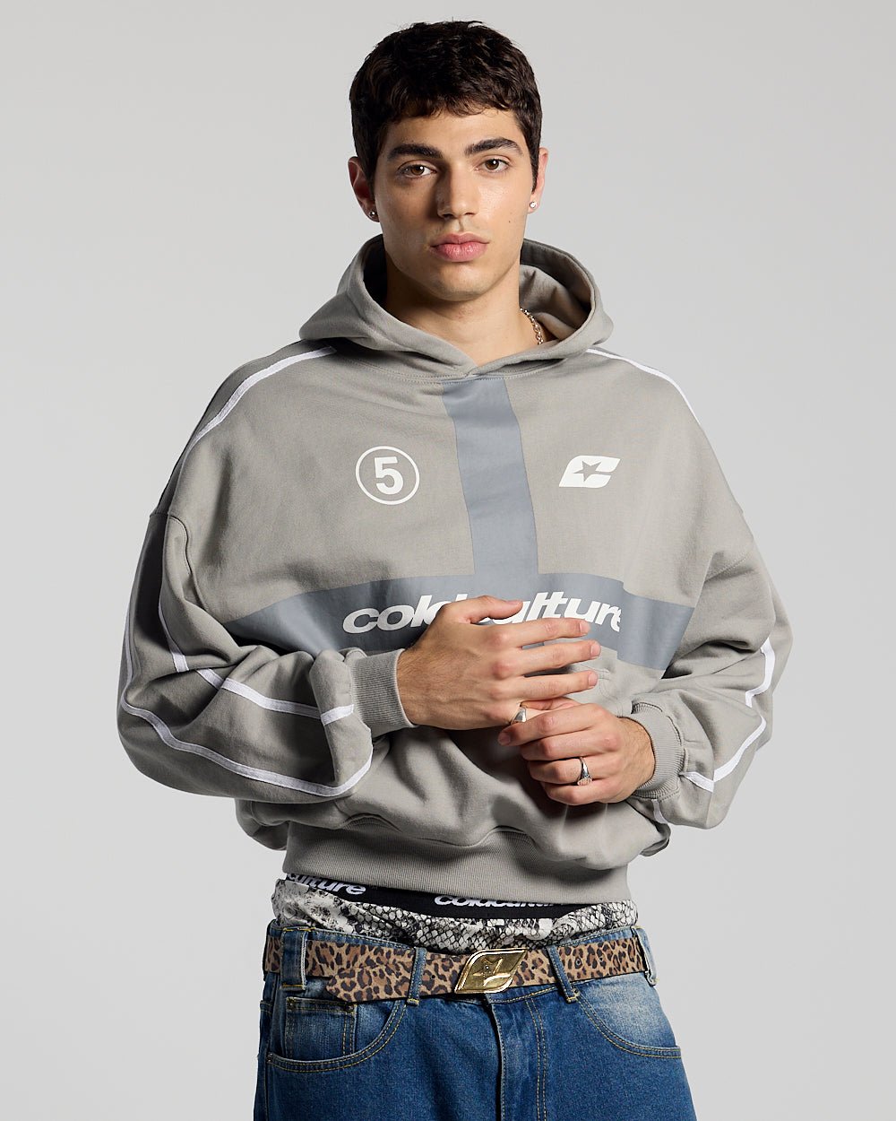 HIT THE TARGET HOODIE GREY - grey graphic print hoodie, front view on male model - Cold Culture #man