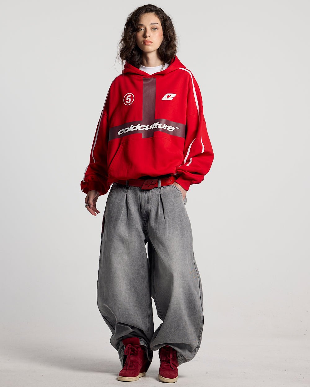HIT THE TARGET HOODIE RED - red graphic print hoodie, front view on female model - Cold Culture #woman