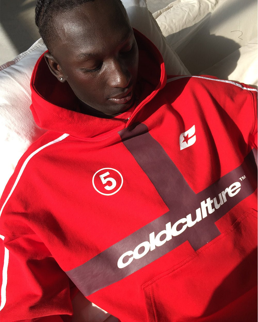 HIT THE TARGET HOODIE RED - red graphic print hoodie, on model close-up - Cold Culture