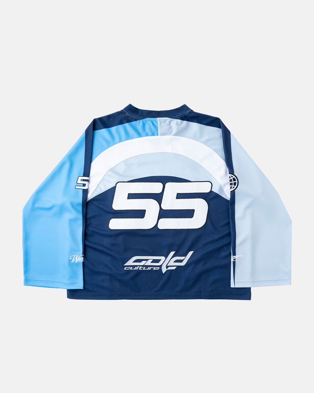 HOCKEY PLAYER LONGSLEEVE TEE NAVY/GLOSS BLUE - navy blue graphic print longsleeve tee, back view - Cold Culture #packshot