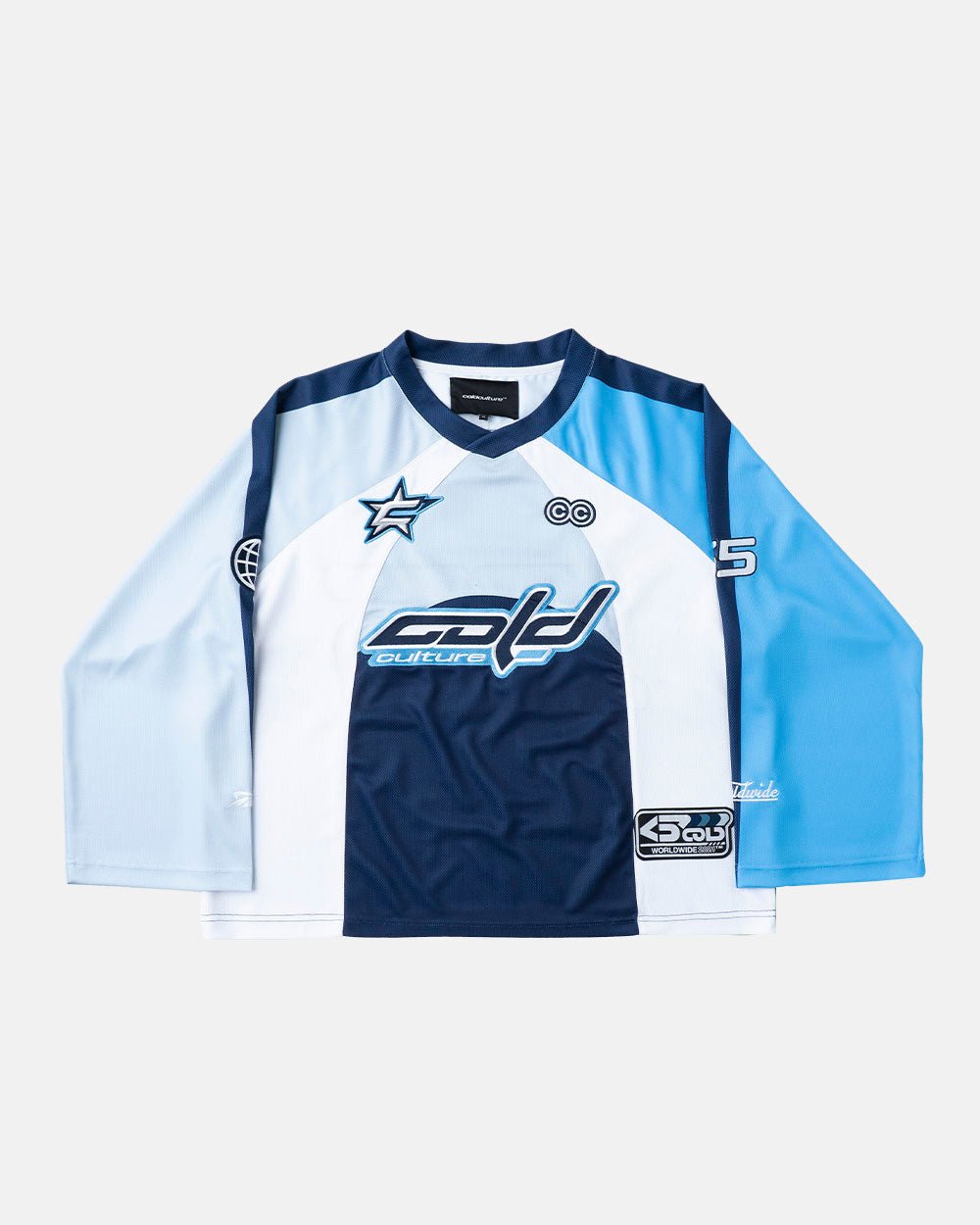 HOCKEY PLAYER LONGSLEEVE TEE NAVY/GLOSS BLUE - navy blue graphic print longsleeve tee, front view - Cold Culture #packshot
