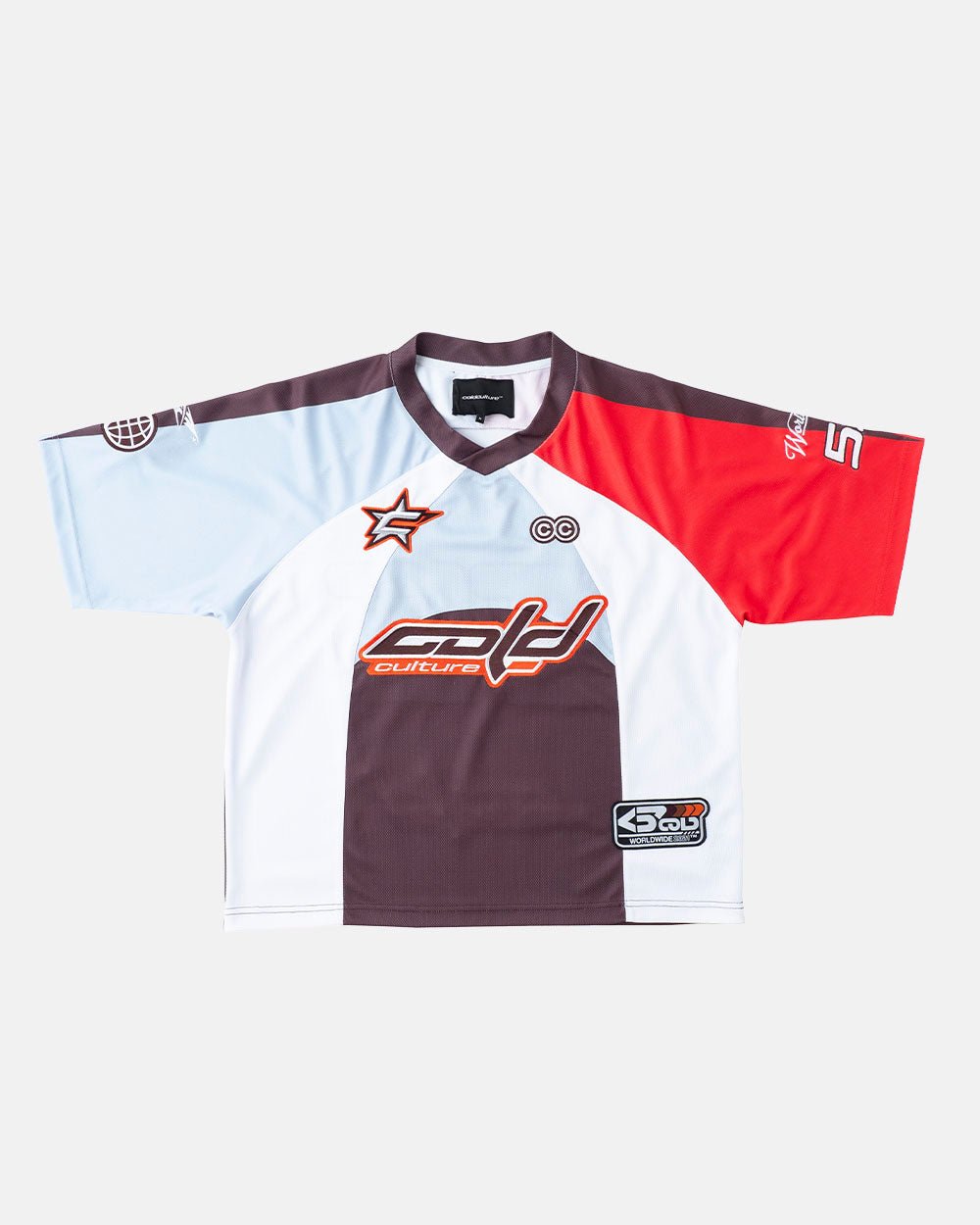 HOCKEY PLAYER TEE BROWN/ORANGE RED - brown and red graphic print tee, front view - Cold Culture #packshot