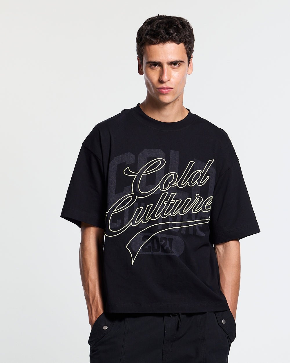 HOMERUN TEE BLACK - black graphic print tee, front view on male model - Cold Culture #man