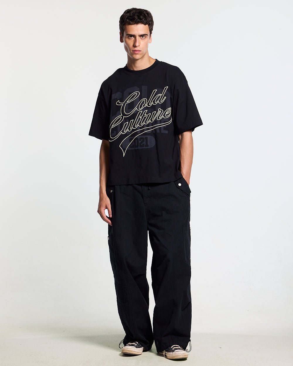 HOMERUN TEE BLACK - black graphic print tee, front view on male model - Cold Culture #man
