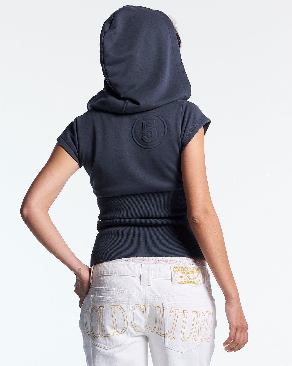 HOODED BABY ZIP TEE DARK GREY - dark grey hooded zip tee, back view on female model - Cold Culture #woman