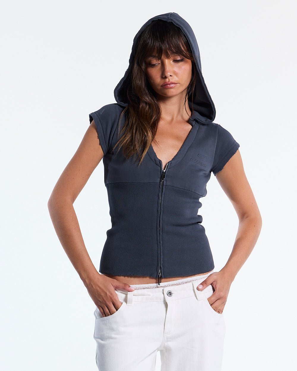 HOODED BABY ZIP TEE DARK GREY - dark grey hooded zip tee, front view on female model - Cold Culture #woman