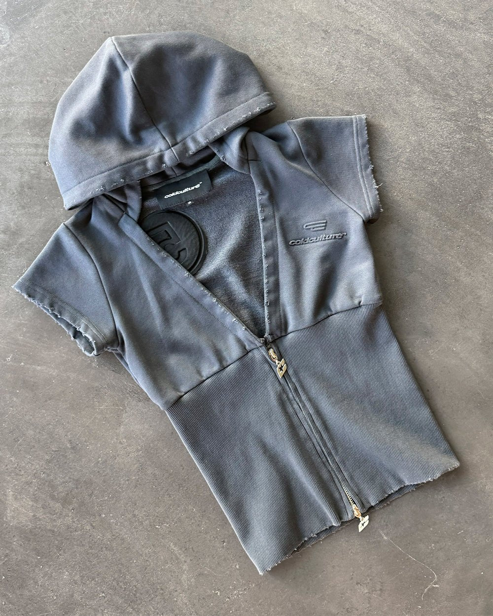HOODED BABY ZIP TEE DARK GREY - dark grey hooded zip tee, flat lay - Cold Culture