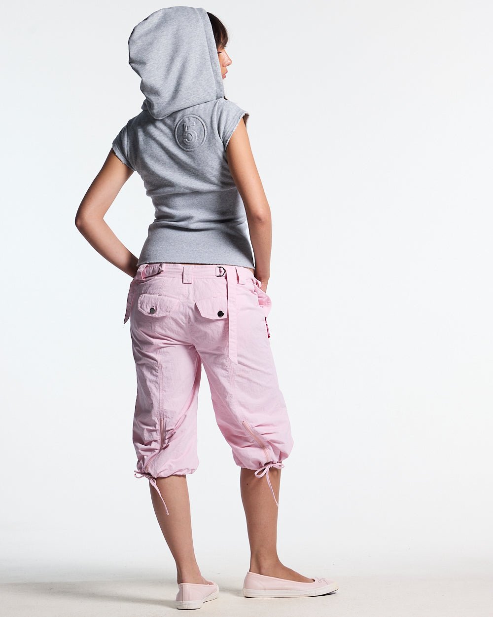HOODED BABY ZIP TEE HEATHER GREY - heather grey hooded zip tee, back view on female model - Cold Culture #woman