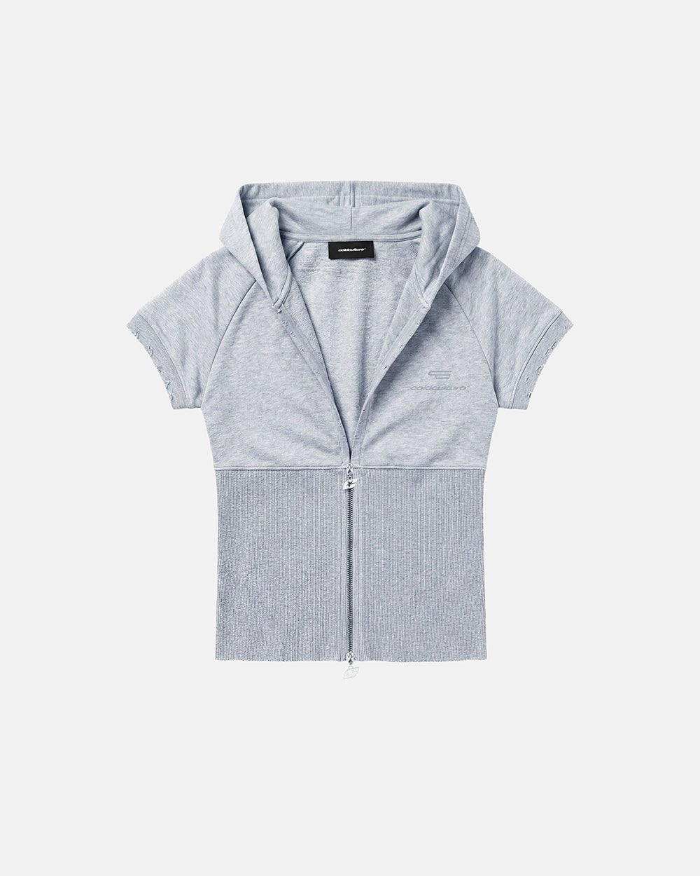 HOODED BABY ZIP TEE HEATHER GREY - heather grey hooded zip tee, front view - Cold Culture #packshot