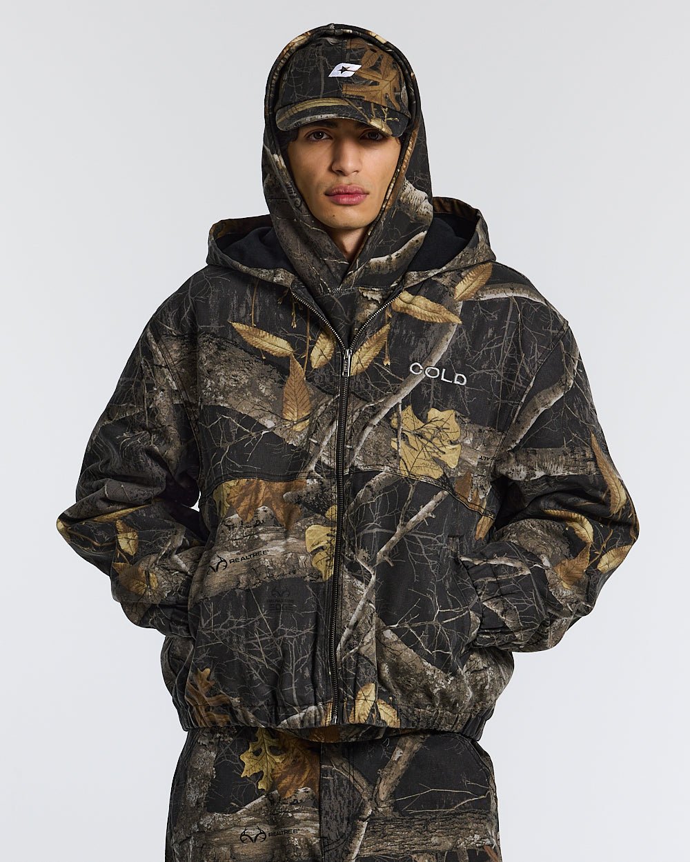 HOODED JACKET REALTREE BLACK - black realtree camo hooded jacket, front view on male model - Cold Culture #man