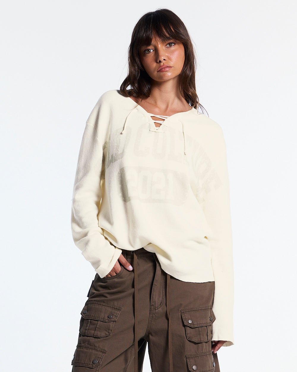 HOOK KNIT BEIGE - beige lace-up knit sweater, front view on female model - Cold Culture #woman