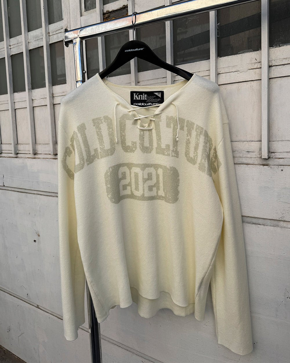 HOOK KNIT BEIGE - beige lace-up knit sweater, front view - Cold Culture