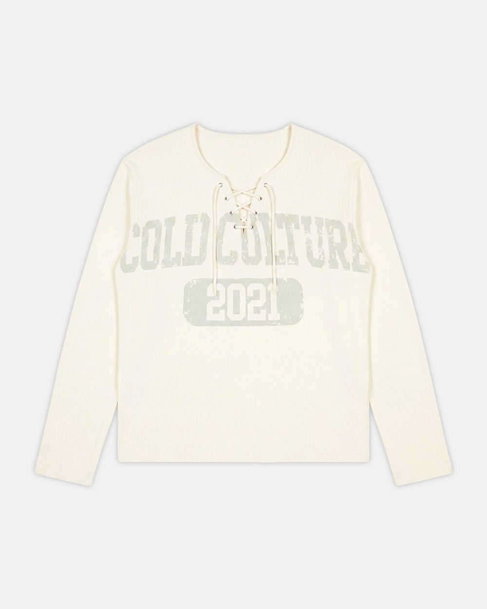 HOOK KNIT BEIGE - beige lace-up knit sweater, front view - Cold Culture #packshot