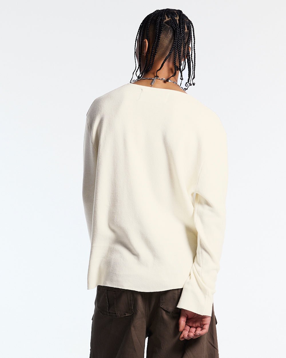 HOOK KNIT BEIGE - beige lace-up knit sweater, back view on male model - Cold Culture #man