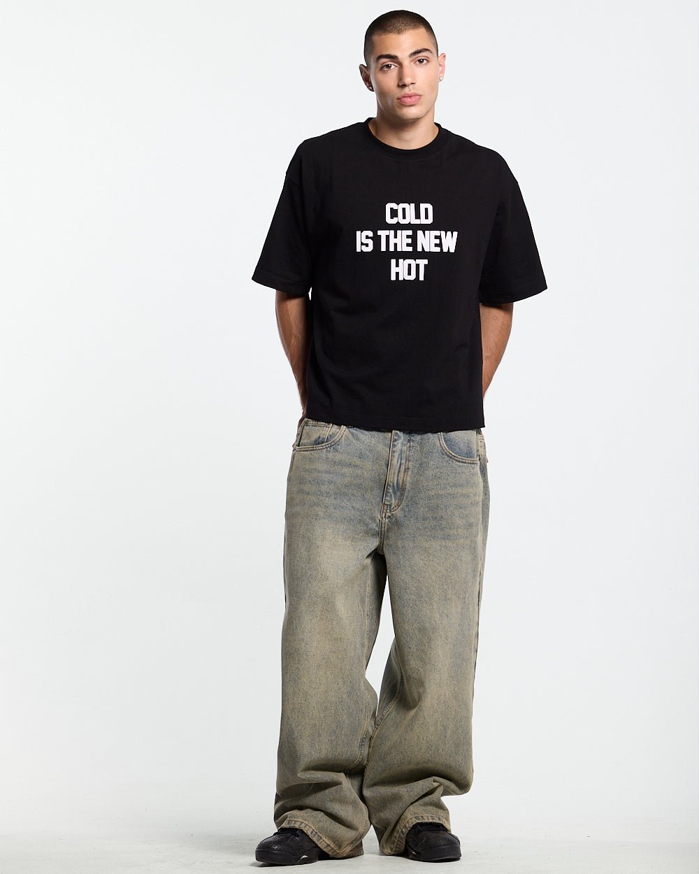 HOT TEE BLACK - black slogan print tee, front view on male model - Cold Culture #man