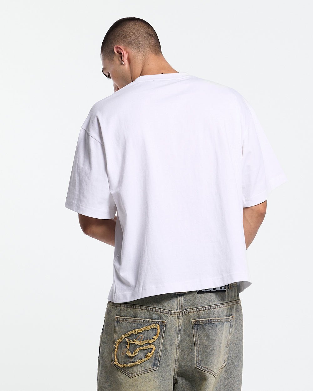 HOT TEE WHITE - white slogan print tee, back view on male model - Cold Culture #man