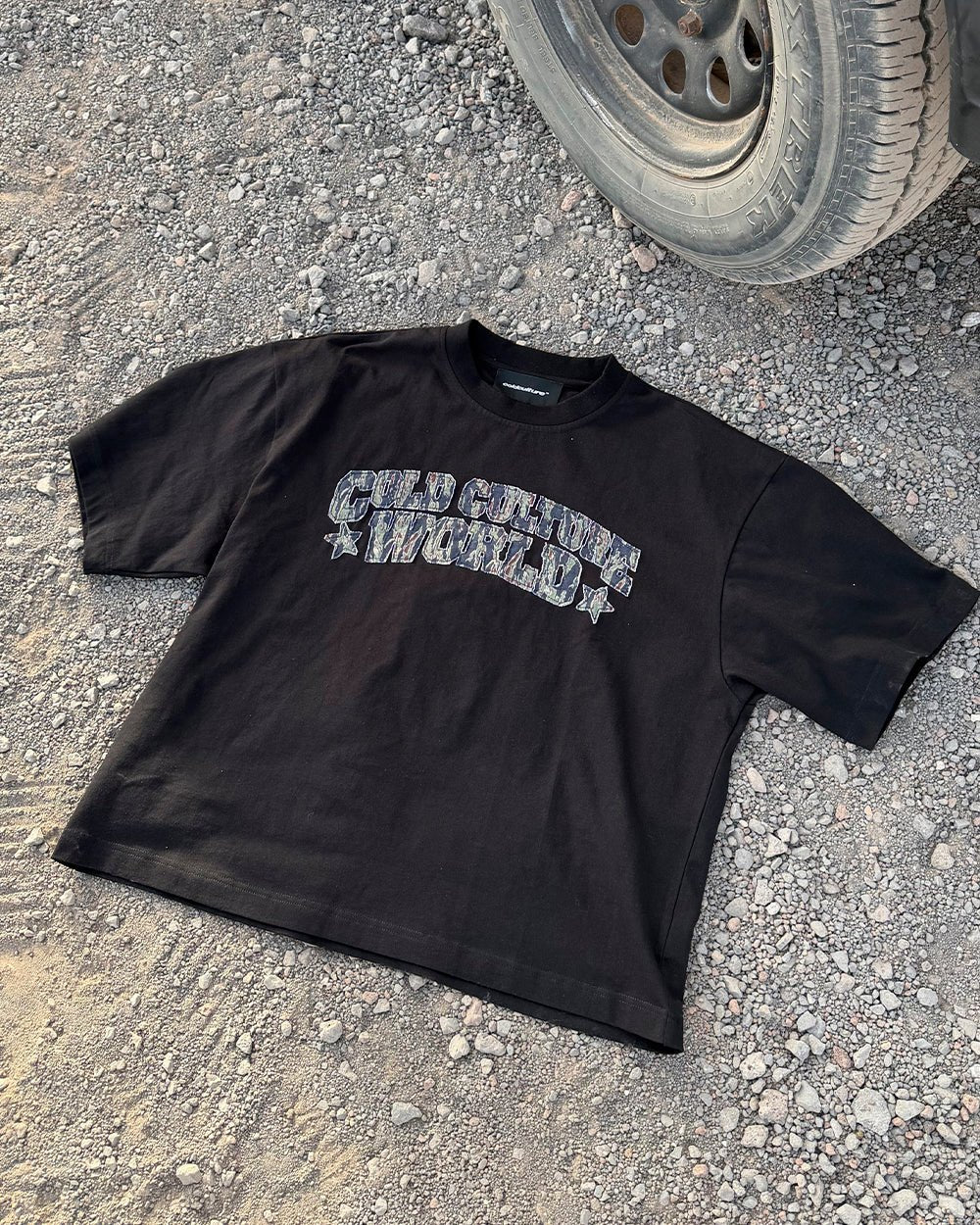 HUNTER TEE BLACK - black graphic print tee, flat lay - Cold Culture