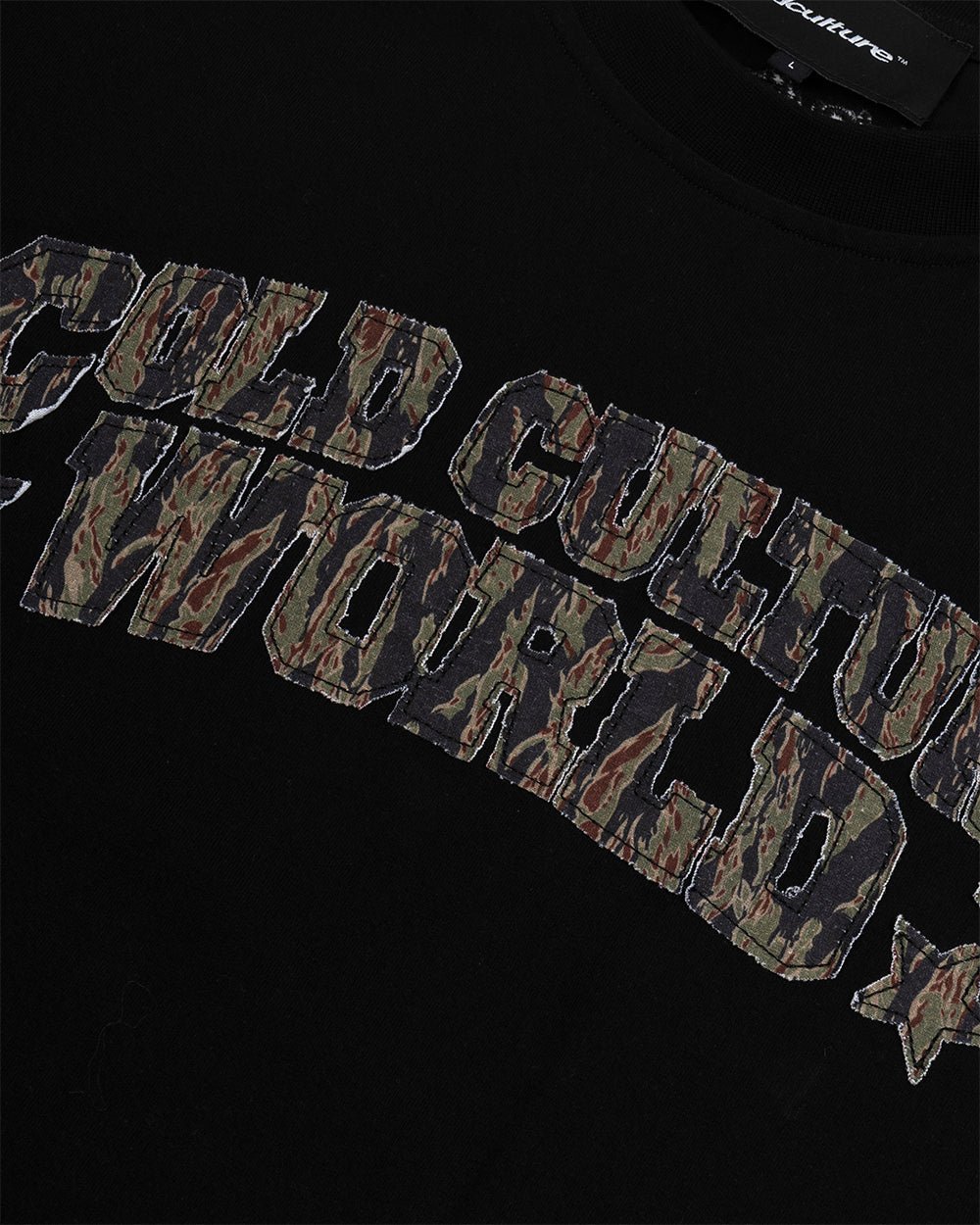 HUNTER TEE BLACK - black graphic print tee, detail close-up - Cold Culture