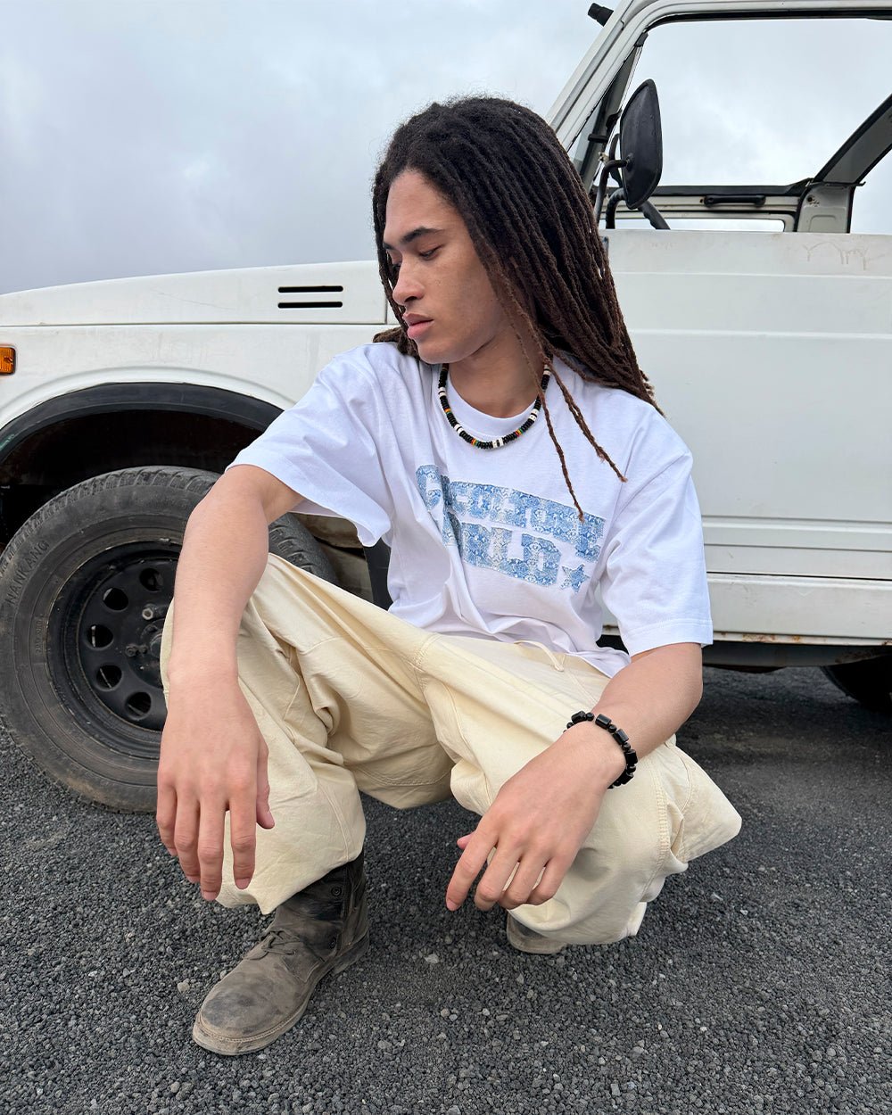 HUNTER TEE WHITE - white graphic print tee, street style shot - Cold Culture