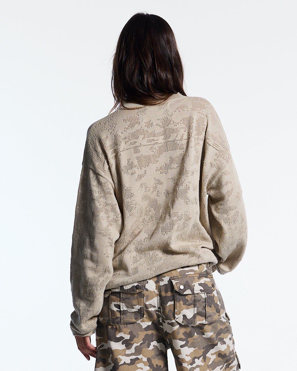 HURRACAINE LONGSLEEVE KNIT BEIGE - beige camo knit sweater, back view on female model - Cold Culture #woman