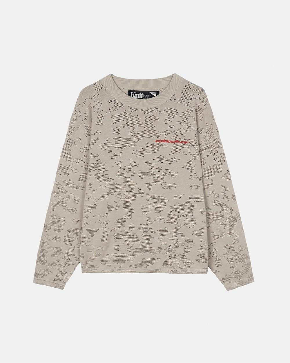 HURRACAINE LONGSLEEVE KNIT BEIGE - beige camo knit sweater, front view - Cold Culture #packshot