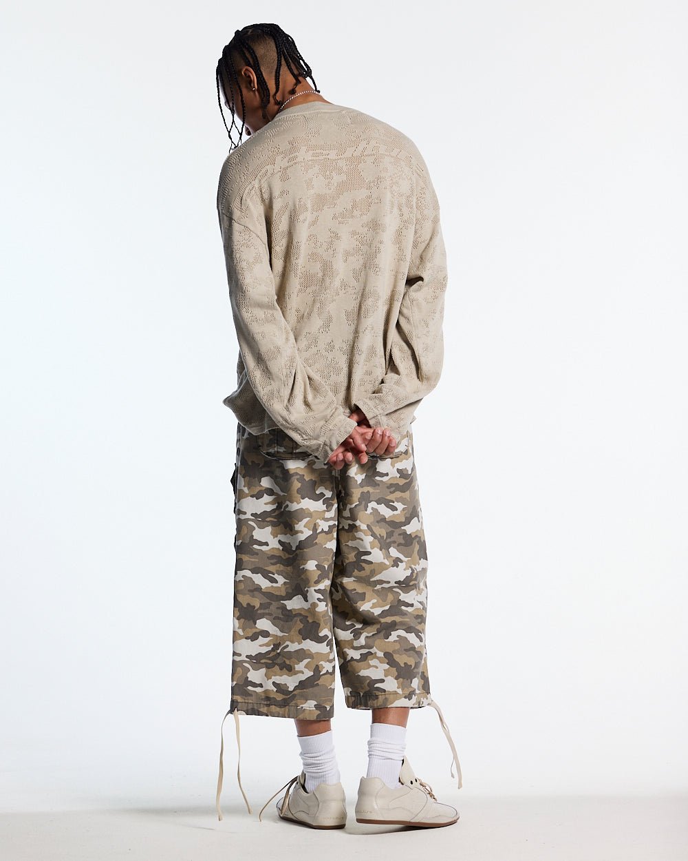 HURRACAINE LONGSLEEVE KNIT BEIGE - beige camo knit sweater, back view on male model - Cold Culture #man